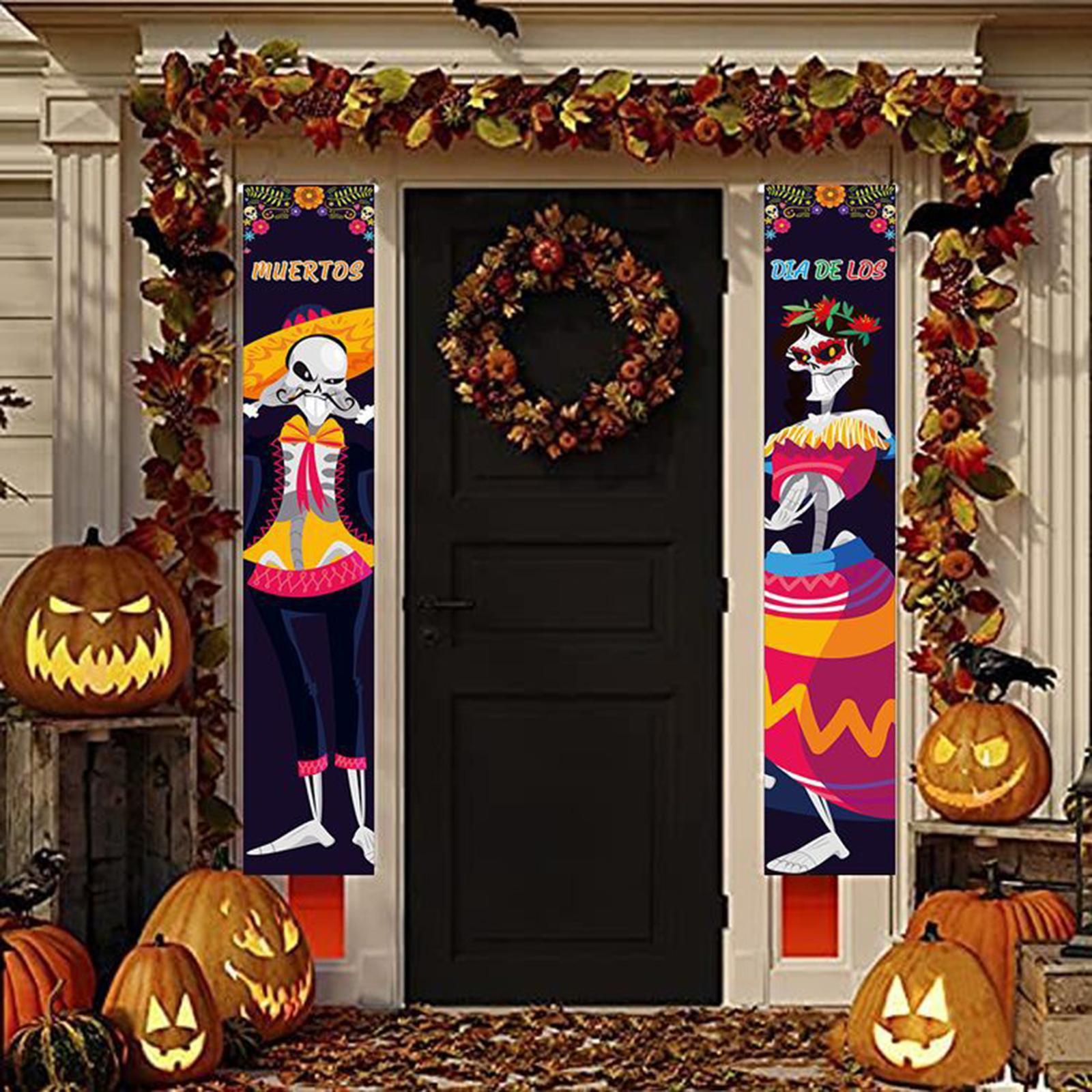 Halloween Banners Mexican Day of The Dead Flag Halloween Welcome Signs Hanging Sign Halloween Party Decoration for Backyard Porch Front Door