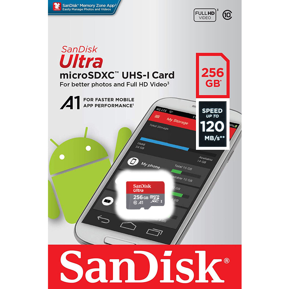 Thẻ nhớ MicroSDHC SanDisk Ultra, SQUA4 256GB, A1 , C10, 120MB/s_SDSQUA4-256G-GN6MN - Hàng Chính Hãng