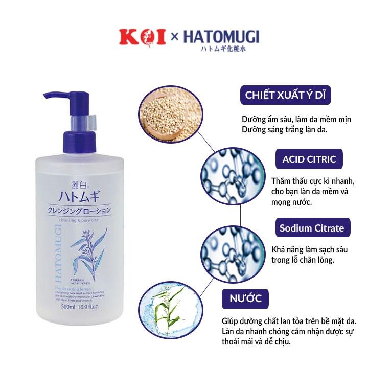 Nước tẩy trang sạch sâu và dưỡng ẩm cho da Hatomugi Cleansing &amp; Pore Clear 500ml