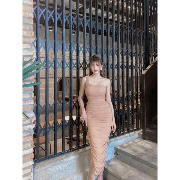 Đầm body lưới nhún 1 vai