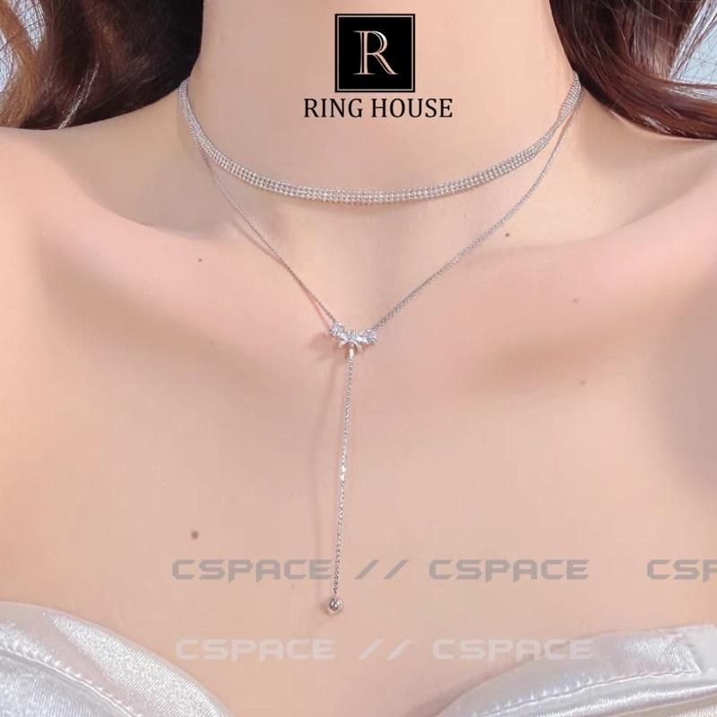 (Titan) Dây chuyền vòng cổ choker nữ titan không đen dây đôi mặt nơ đẹp Ring House