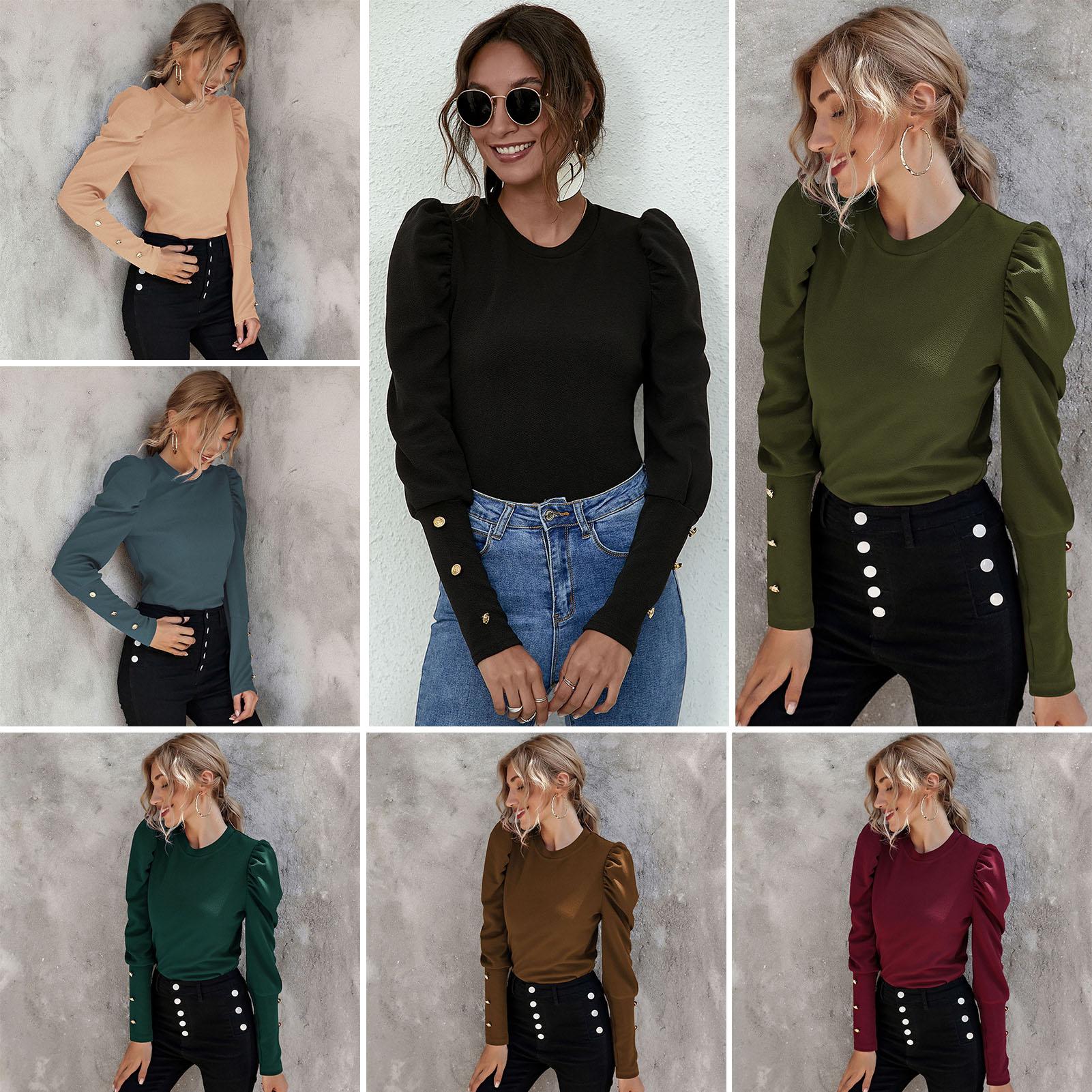 Women Puff Long Sleeve Shirt Button Round Neck Pullover Slim Fit Solid Tops