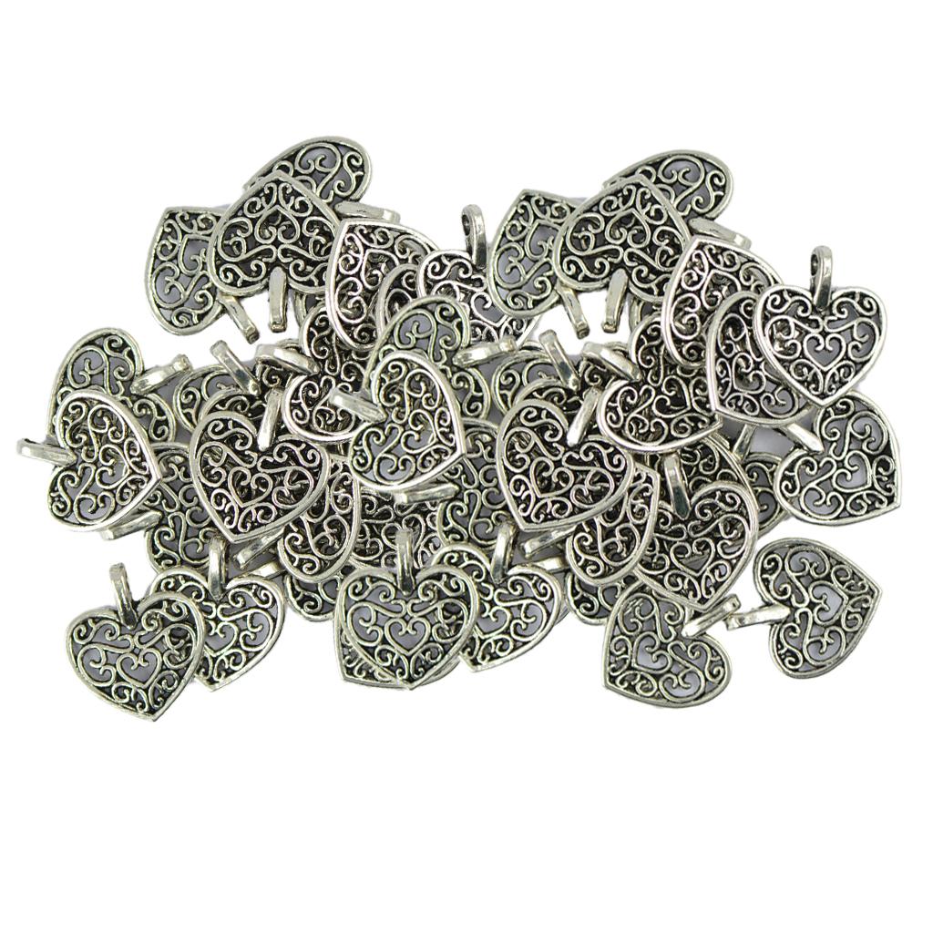 100 Piece Silver Filigree Heart Alloy Charms Pendants Jewelry Making Findings Handmade Accessories for Crafting