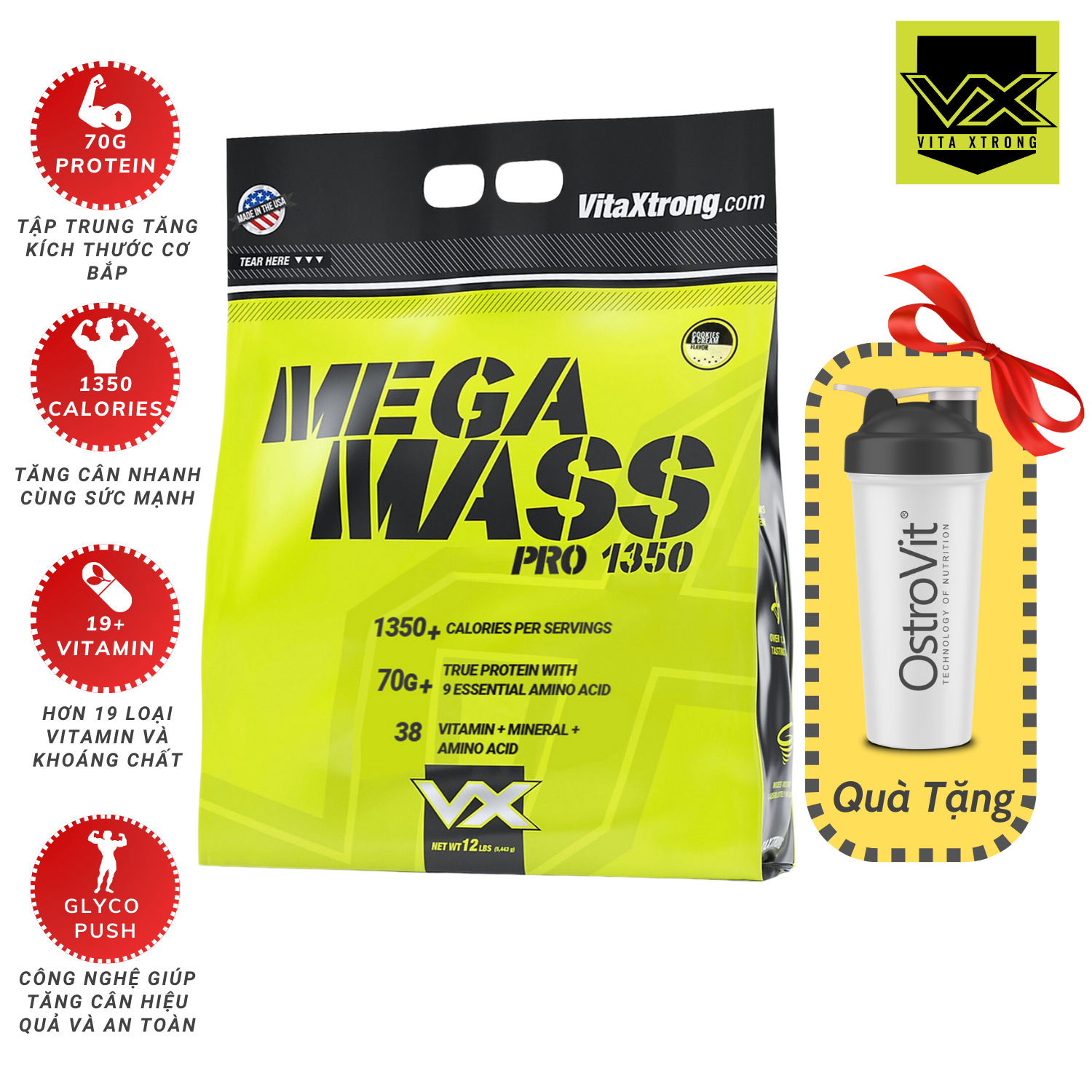 Mega Mass Pro 1350 12lbs (5.4kg) VitaXtrong Sữa Hỗ Trợ Tăng Cân Từ USA