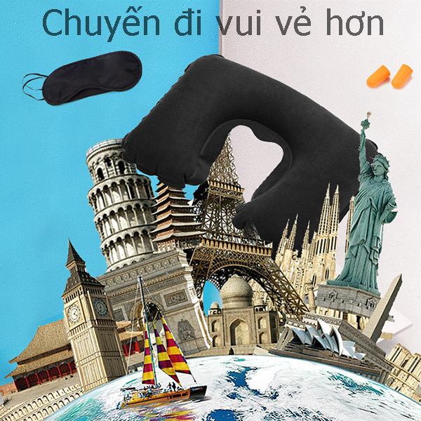 Bộ gối hơi, bịt mắt ngủ, bịt tai giảm ồn 3 trong 1, giấc ngủ ngon giấc ngủ sâu ngủ say hơn. Gối hơi du lịch, gối tựa cổ đa năng tự bơm, Tựa Đầu Chống Mỏi
