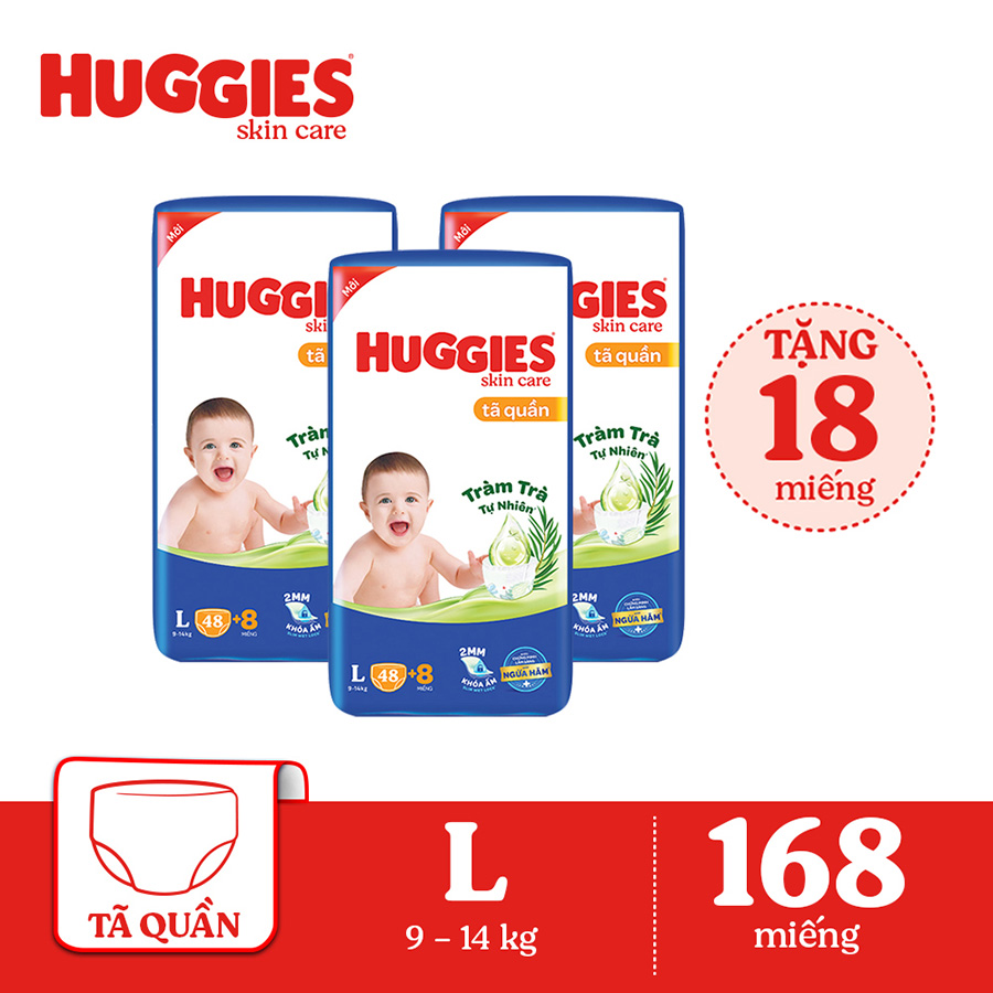 Combo 3 Tã/bỉm quần HUGGIES SKINCARE gói BIG JUMBO size L 48+8 miếng