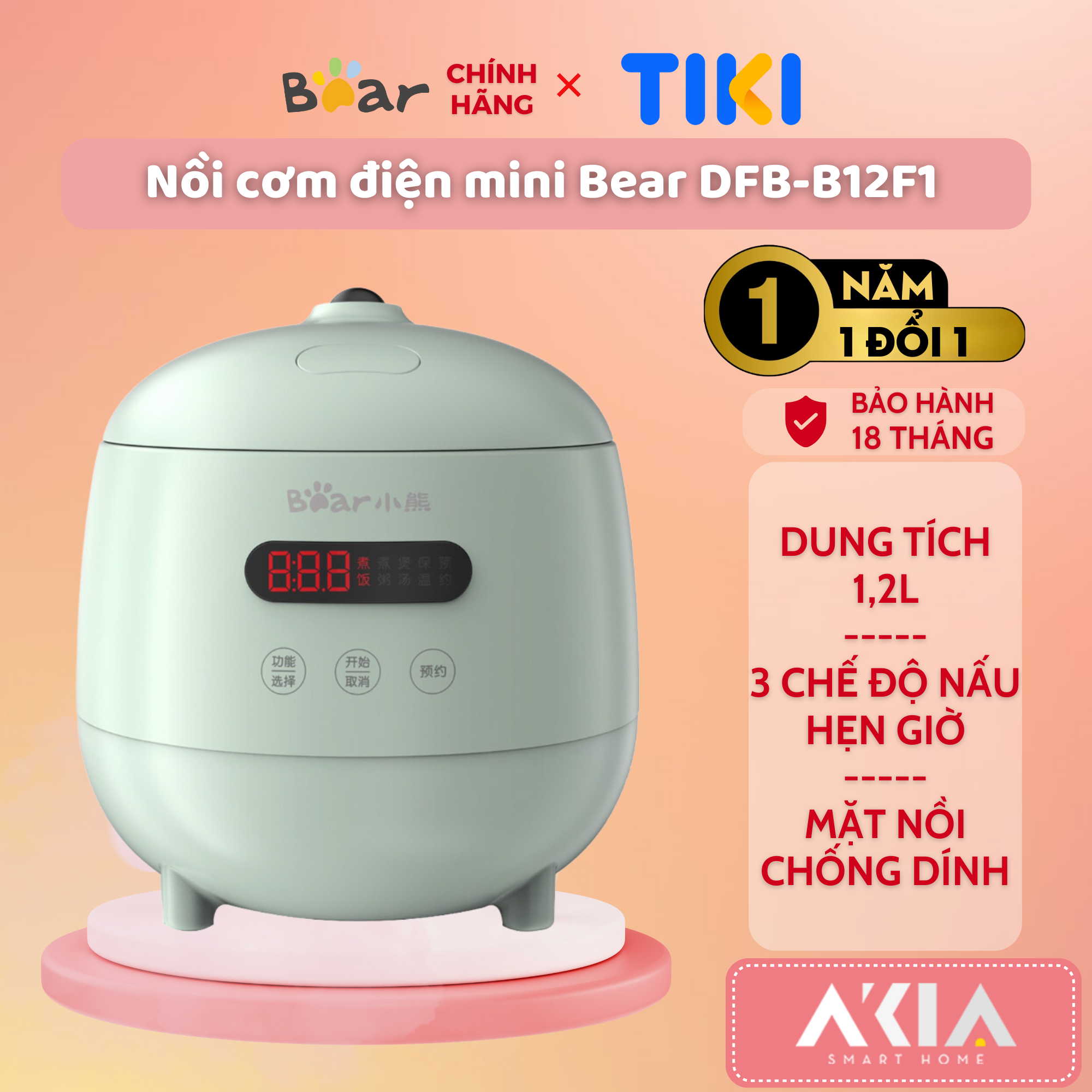 Nồi cơm điện mini Bear DFB-B12F1, dung tích 1.2L, 3 chế độ nấu ăn, hẹn giờ, lòng nối chống dính - HÀNG CHÍNH HÃNG