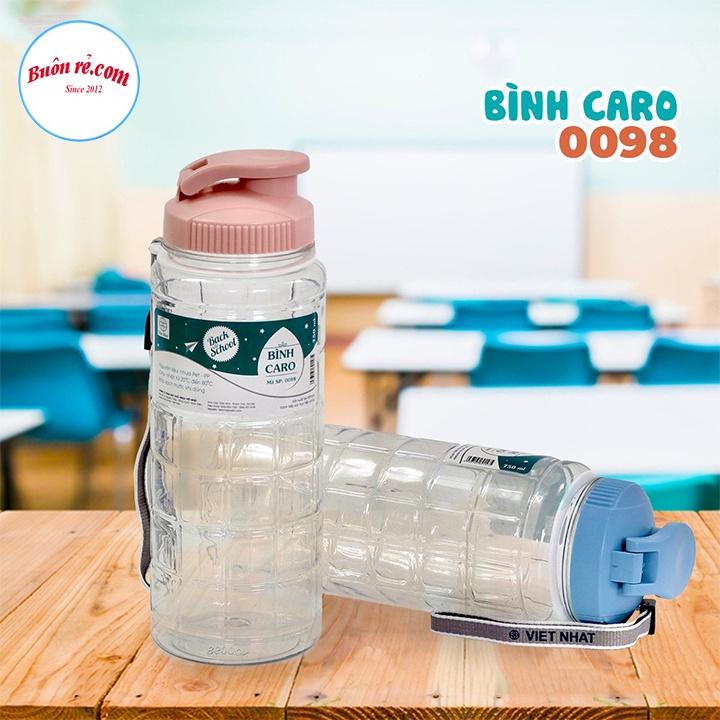 Bình nước học sinh kẻ caro 750ml Việt Nhật , Bình đựng nước thể thao có quai dù treo