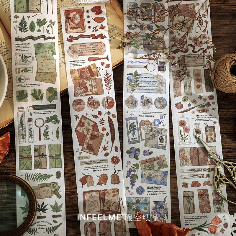 S25 - Dải sticker washi masking tape lá thư tay vintage cổ điển Infeel.Me trang trí sổ bullet journal, junk journal