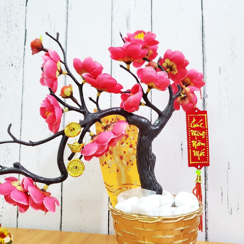 Chậu đào nhí giả dáng bon sai trang trí tết cao 25cm