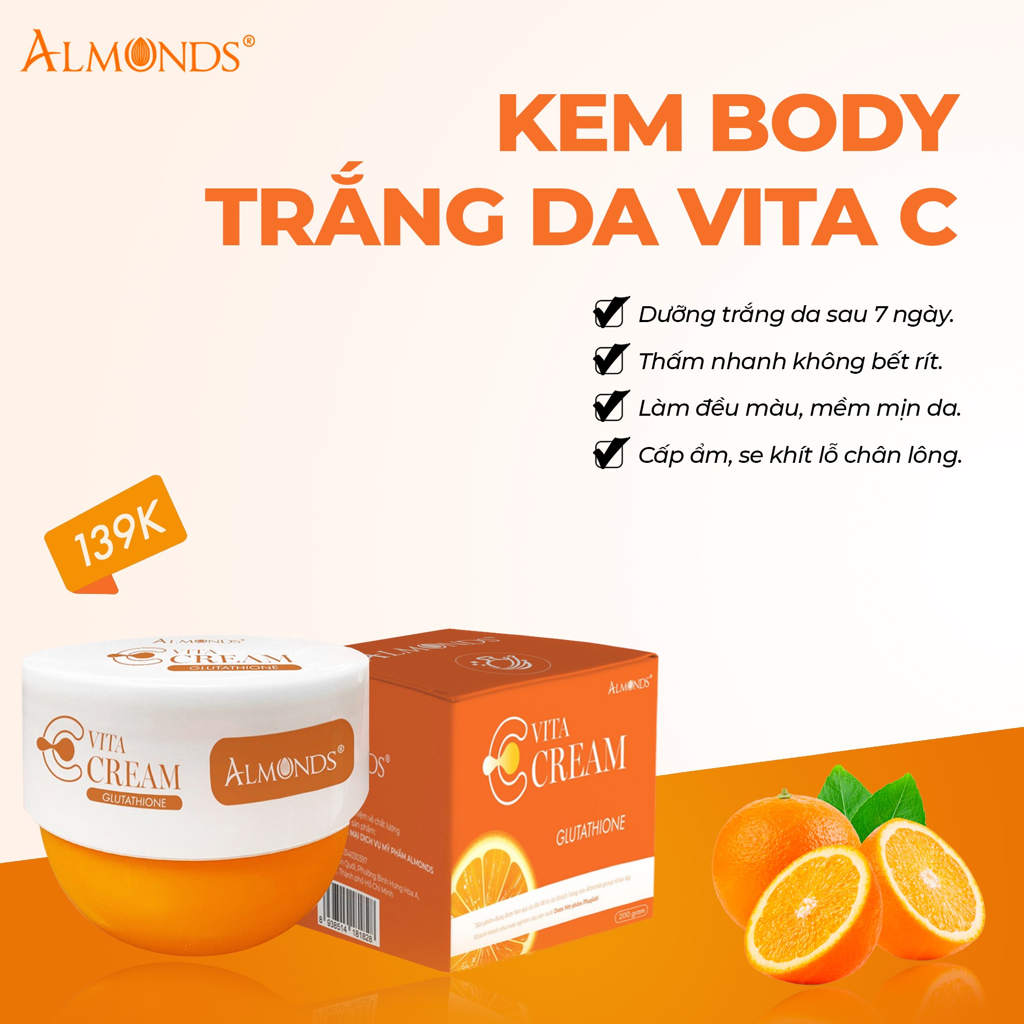 Kem Dưỡng Trắng Body Almonds Vita C Cream 200g