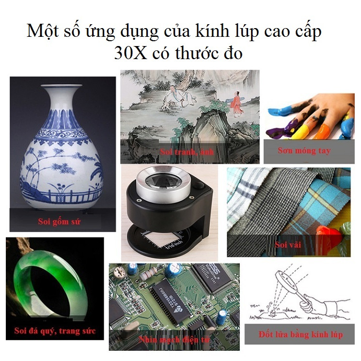 Kính lúp cầm tay phóng đại 30x hỗ trợ sửa chữa có thước đo 2106