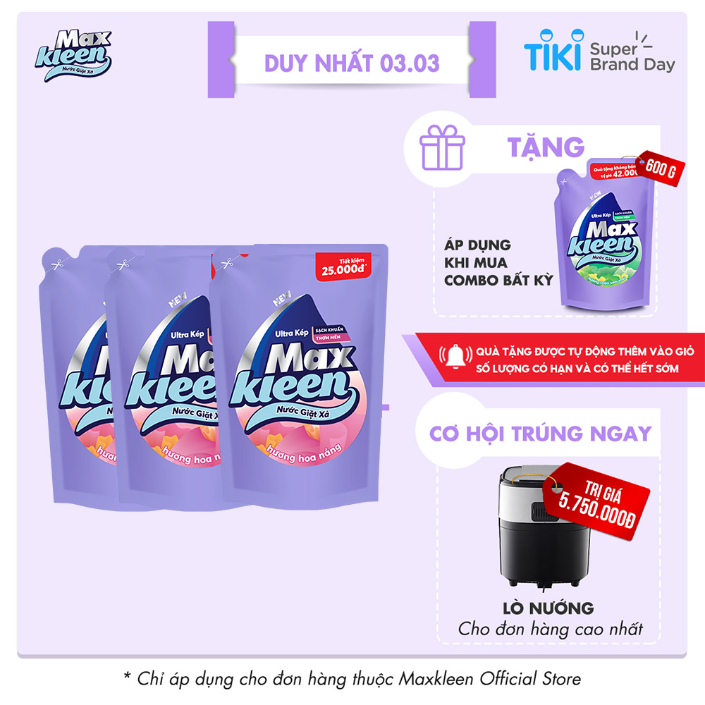 Combo 3 Túi Nước Giặt Xả Maxkleen Hương Hoa Nắng