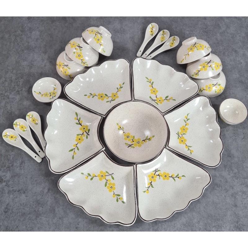 Set hoa mặt trời men gốm 21 món. Gốm sứ Bát Tràng.