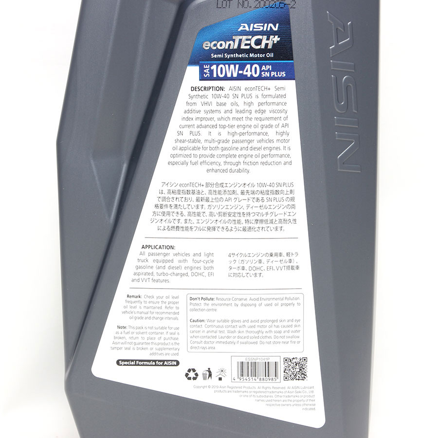 Nhớt Động Cơ AISIN ESSN1041P 10W-40 SN Plus Econtech+ Semi Synthetic 1L