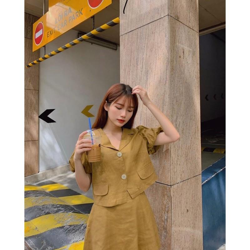 Set bộ áo vest croptop tay phồng kèm chân váy