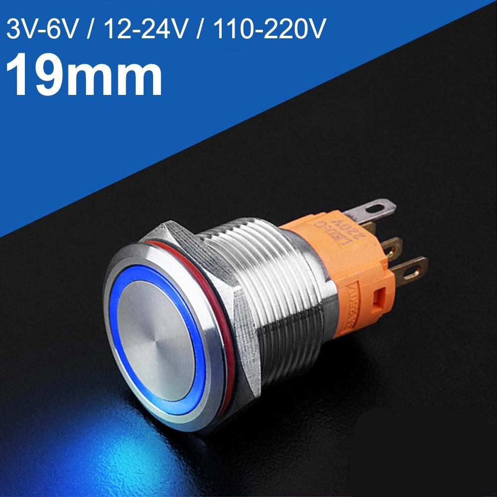 Nút công tắc INOX Nhấn nhả, Nhấn tự phục hồi 19mm Có đèn LED (3-6V, 12-24V, 110-220V)