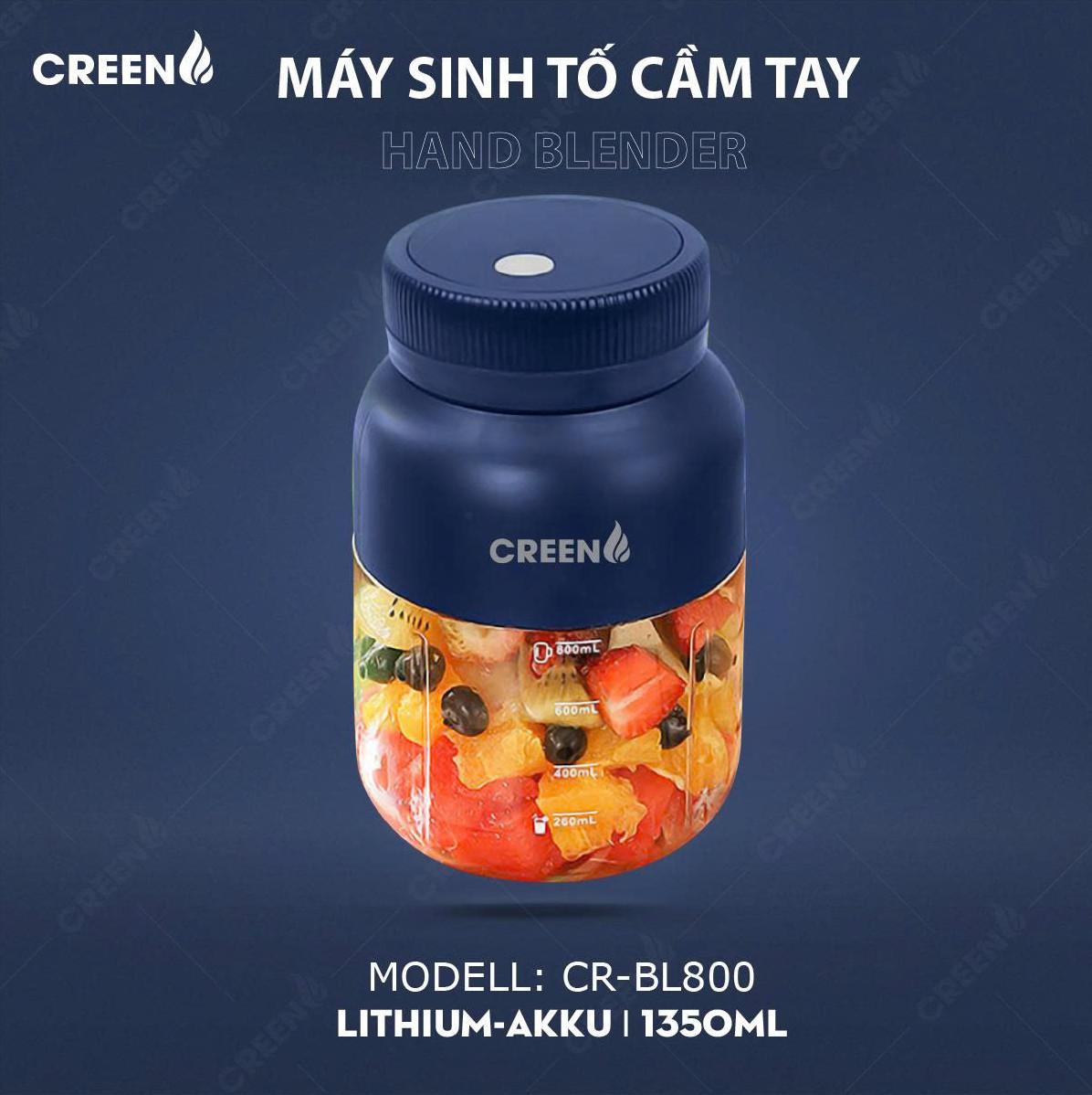 Máy Xay Sinh Tố Cầm Tay CREEN CR-BL800, Dung tích 800ml 80W, Pin Lithium 3000mAh, Lưỡi Kép 38 Cánh - Hàng Chính Hãng