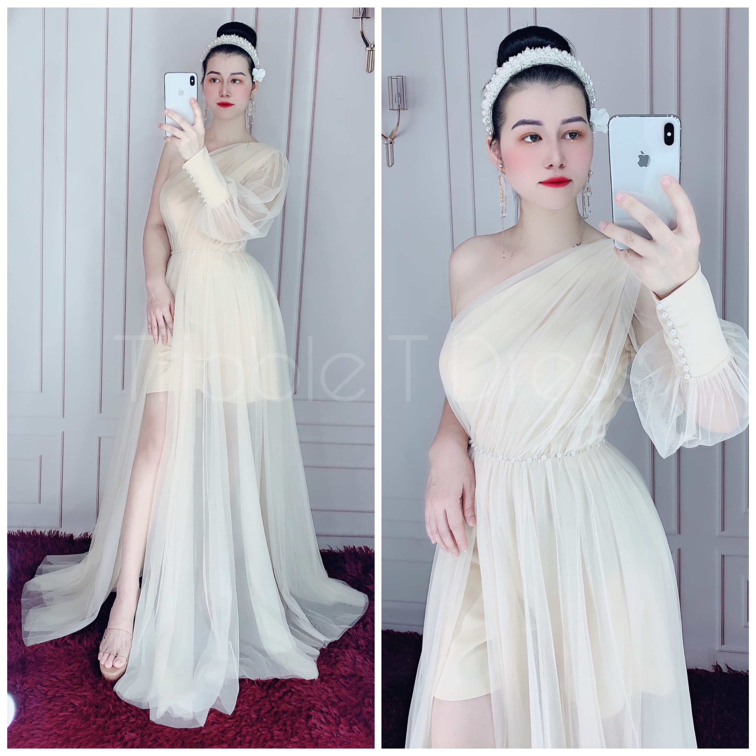 Đầm maxi dự tiệc lệch vai tay dài kết ngọc TRIPBLE T DRESS - size M/L - MS132V