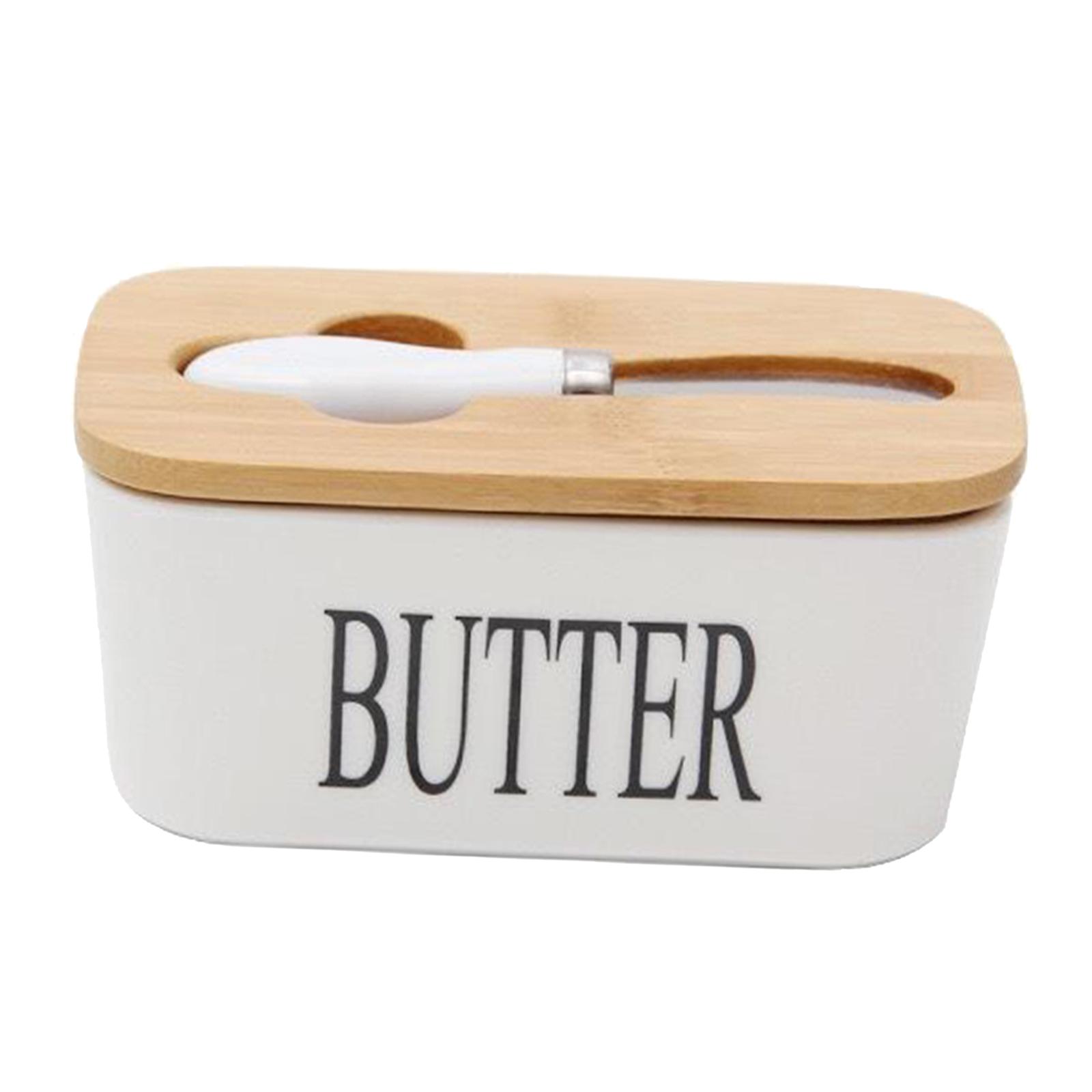 Ceramic Butter Dish Keeper with Wooden Lid and Steel Knife
