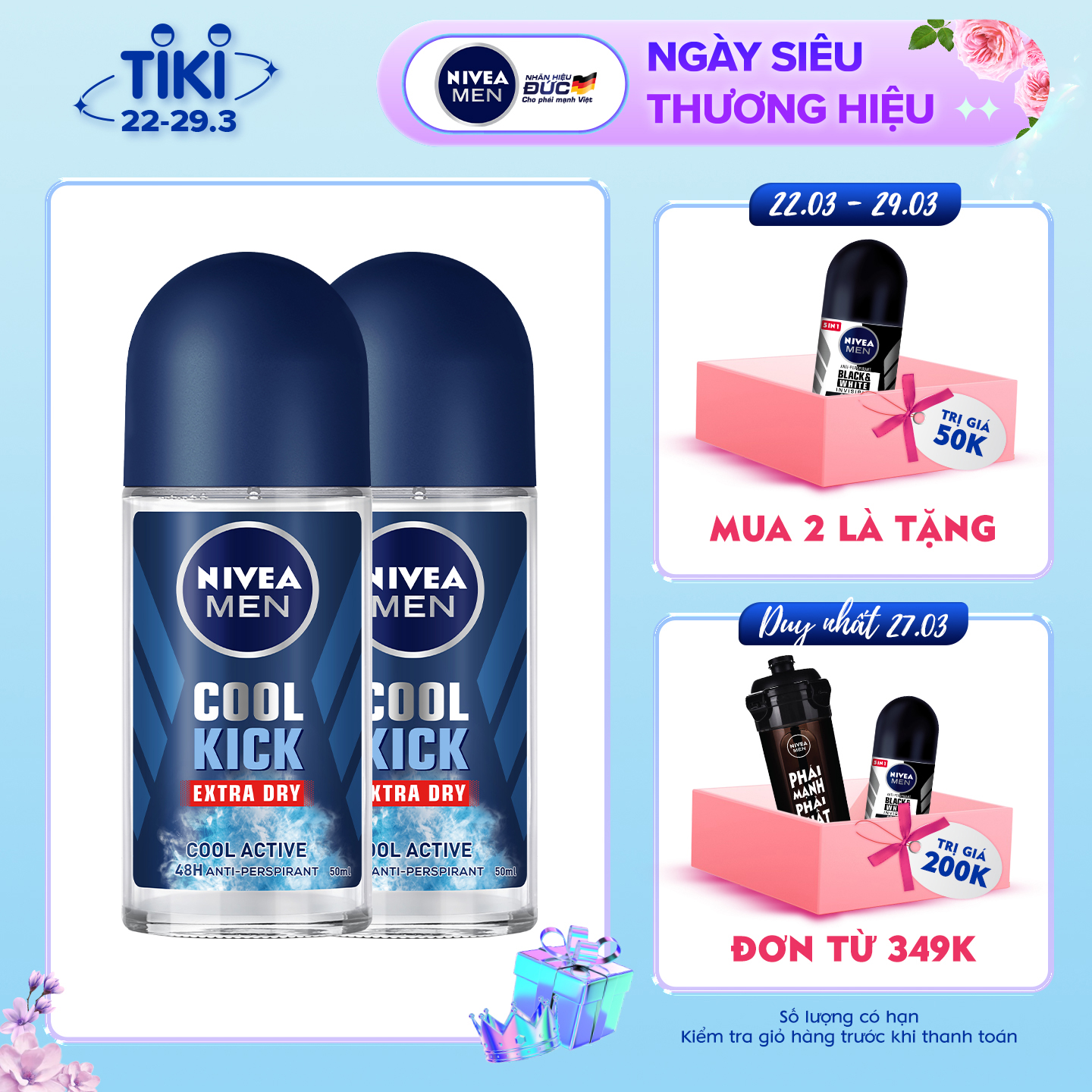 Combo 2 Lăn Ngăn Mùi NIVEA MEN Cool Kick Mát Lạnh (50ml) - 82886