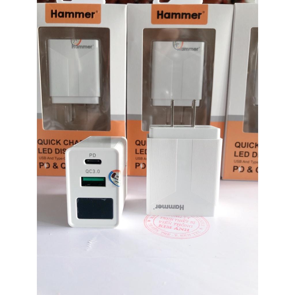 Cóc sạc nhanh Hammer 18W, PD & Quick Charge 3.0A, có LCD hiển thị dòng điện, Hàng chính hãng bảo hành 12 tháng