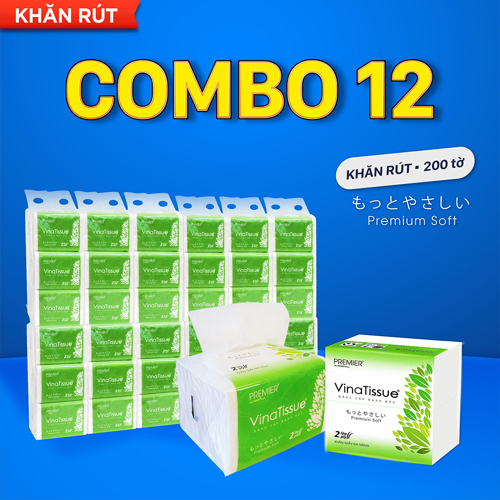 [COMBO 12 GÓI] Khăn giấy rút, khăn đa năng Premier VinaTissue 2 lớp 100% bột giấy nguyên sinh, không chất tẩy gói 200 tờ