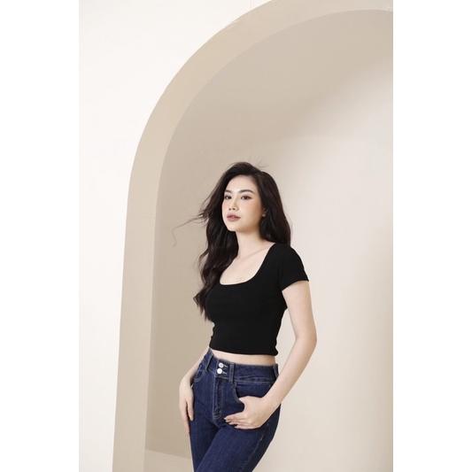 Áo Pull Croptop Cổ U, Áo T-shirt Nữ Vải Zip Co Giãn Sành Điệu CT Jeans