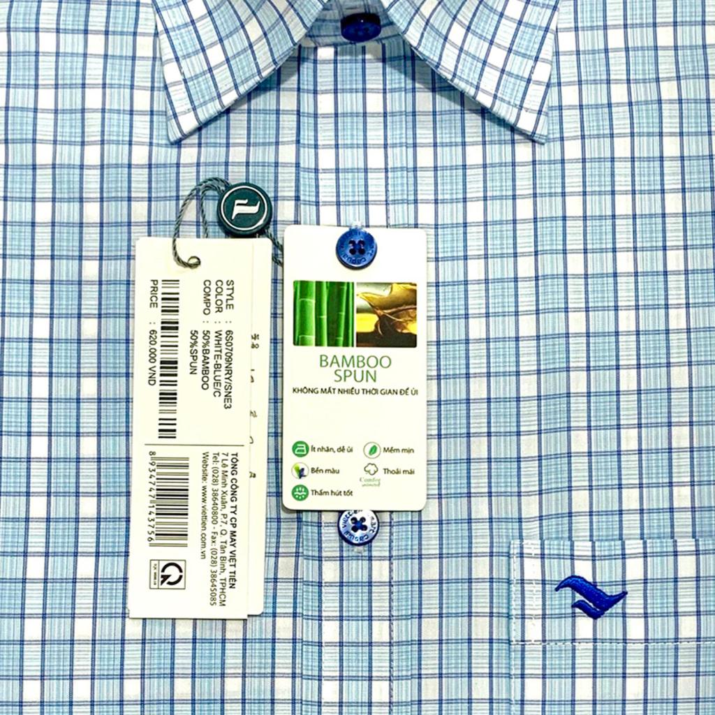 Viettien - Áo sơ mi nam ngắn tay xẻ tà vạt ngang Bamboo spun Ca rô Xanh 6S0708-6S0709 Regular, Regular fit - Regular fit (ôm)