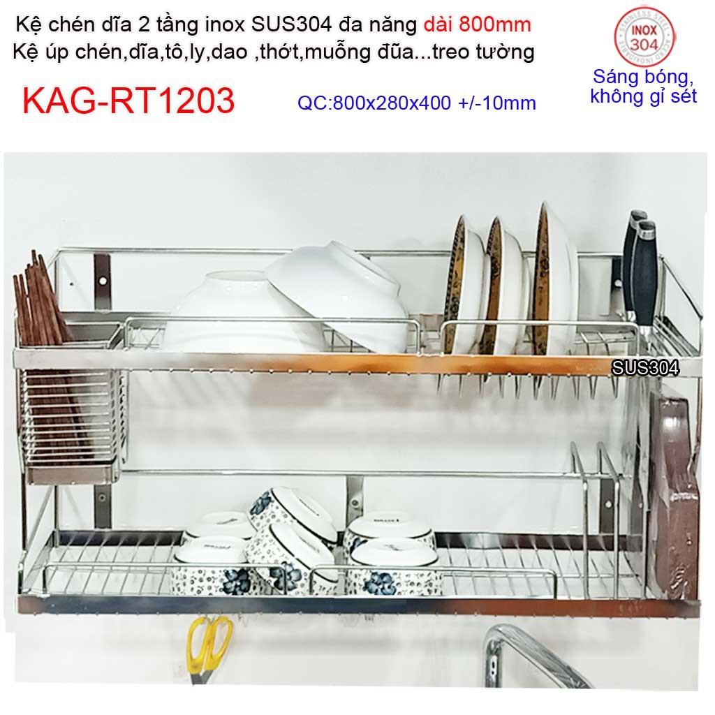 Kệ úp chén dĩa 2 tầng 80cm đa năng inox 304, kệ chén dĩa 2 tầng inox KAG-RT1203