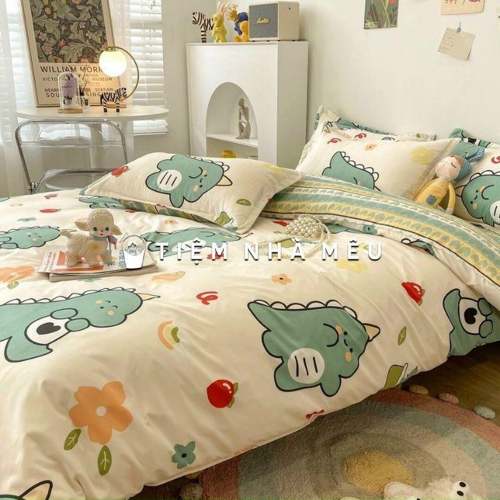 Bộ Chăn Ga Gối Cotton 80% m6/m8/2m-Tiệm Nhà Mêu 2 Vỏ gối ,drap , vỏ chăn Cotton Dino Xanh Cao Cấp Nhập Kh