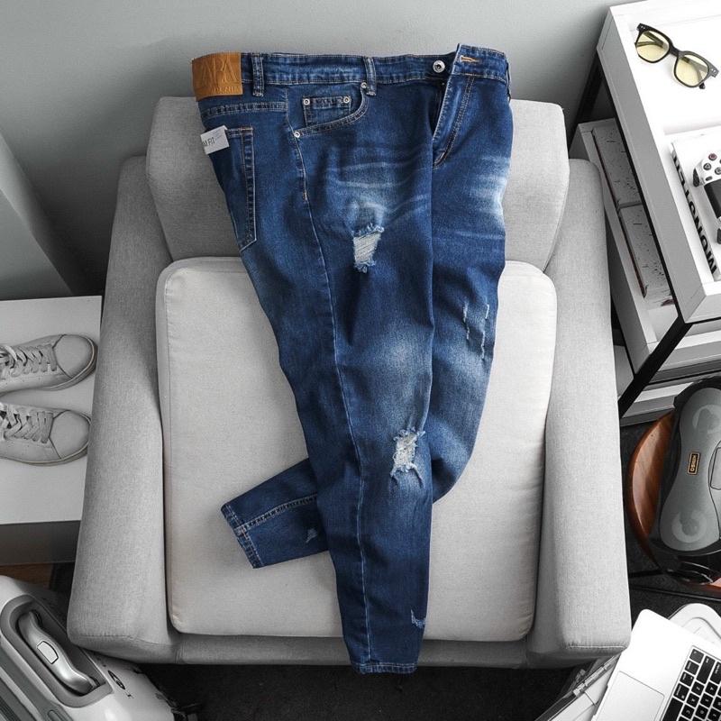 Quần Jean Nam Xanh Đậm mài rách ôm dáng xuất dư xịn chất bò co giãn