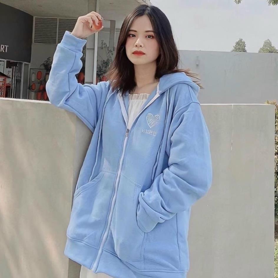 Hình ảnh Áo khoác hoodie chống nắng dành cho nam nữ Thêu Trái Tim, Nỉ ngoại form rộng Có Dây Kéo unisex ulzzang