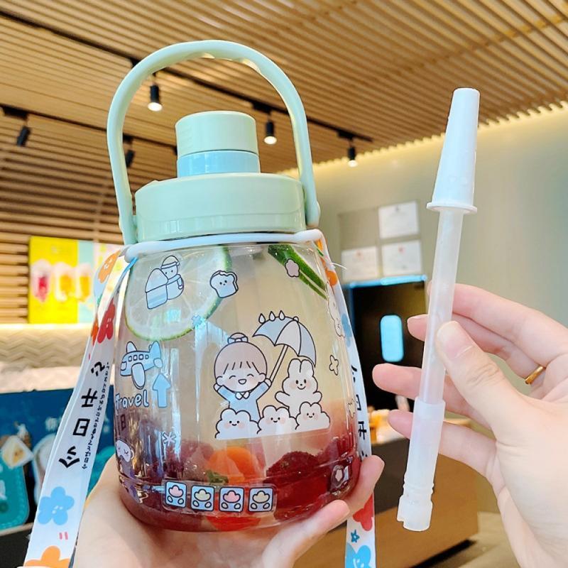 1100Ml Bình Nước Nhựa Ống Hút Nước Cup Nữ Lớn Di Động Dung Lượng Dây Đeo Bụng To Cốc Thể Thao Ngoài Trời Uống Ấm Siêu Tốc