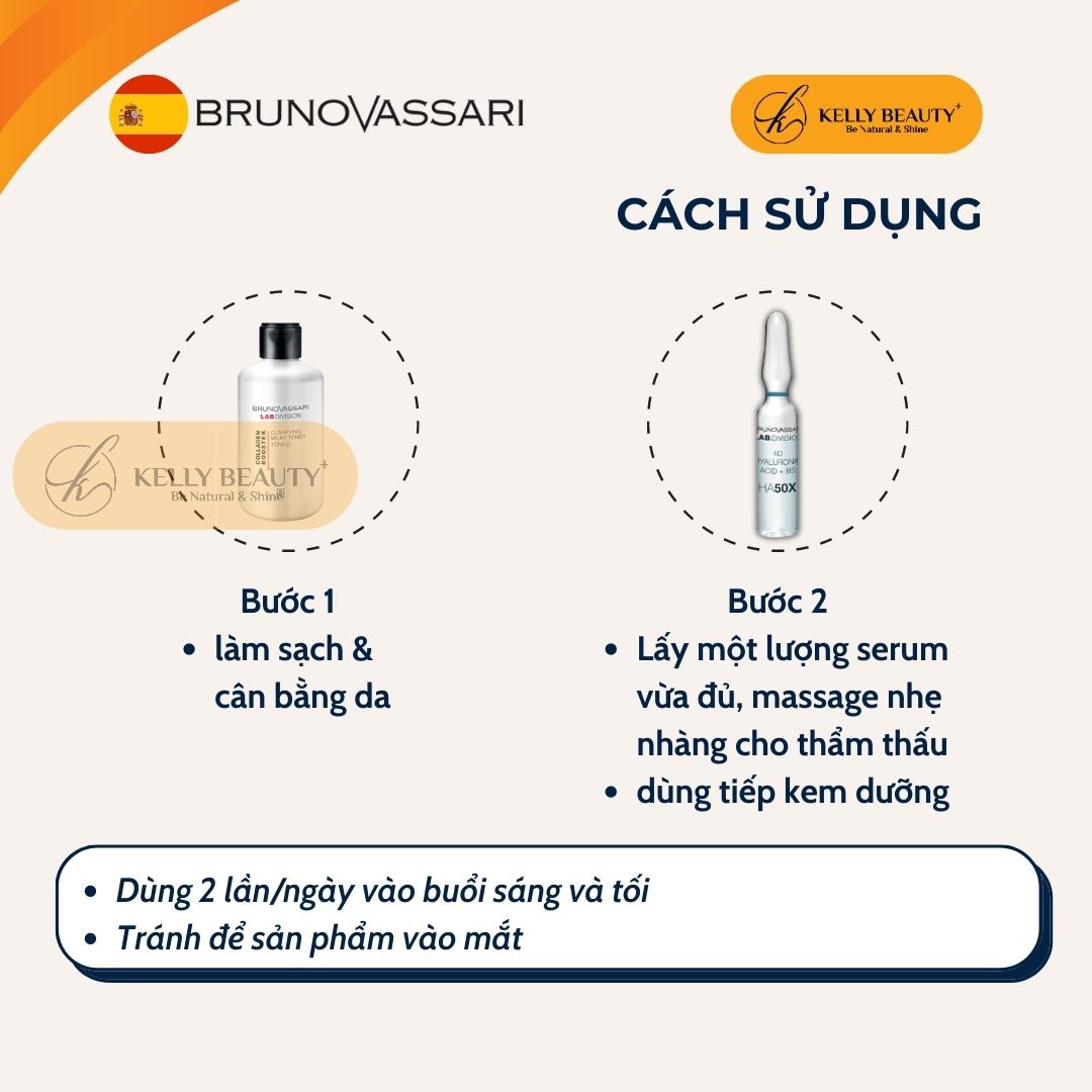 Huyết Thanh Căng Bóng Da Bruno Vassari HA50X 4D Hyaluronic Acid + B5 - Cấp Ẩm Đa Tầng, Săn Chắc Da - Kelly Beauty