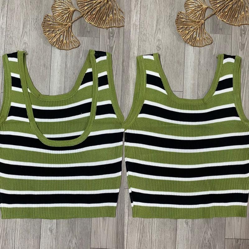 Áo len nữ ba lỗ croptop kẻ ngang 2 màu hàng Quảng Châu