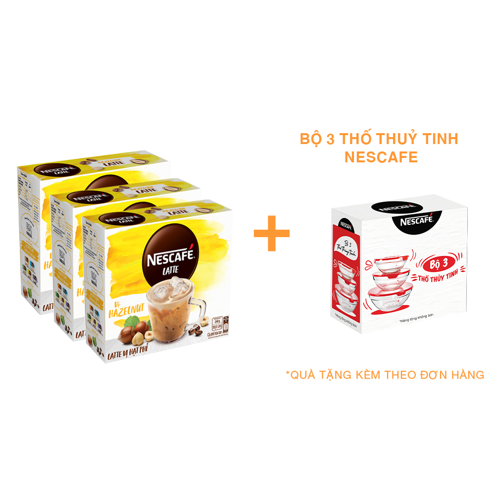 Combo 3 Hộp Cà Phê Hòa Tan Nescafé Latte Sữa Hạt Vị Hạt Phỉ (Hộp 10 Gói x 24g) - [Tặng Bộ 3 Thố Thuỷ Tinh Nescafé]
