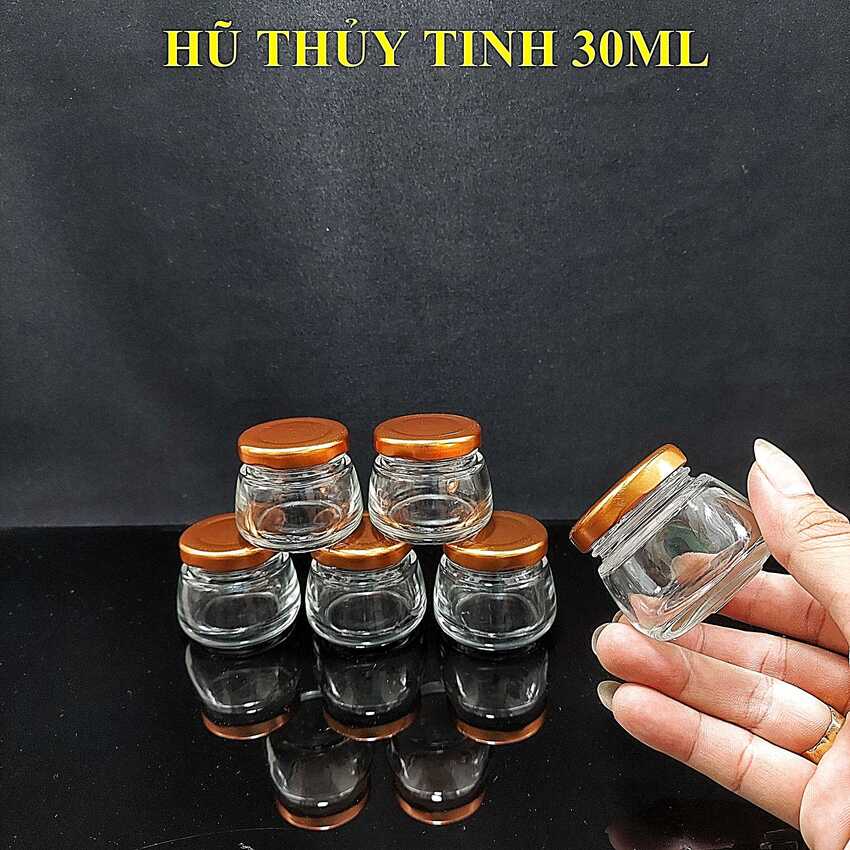 Hũ Thủy Tinh 30ML (combo 6 cái) mẫu Trụ Tròn vai thon nắp thiếc màu đồng - Hũ Thủy Tinh Mini đựng mật ong, sữa ong chúa, mỹ phẩm