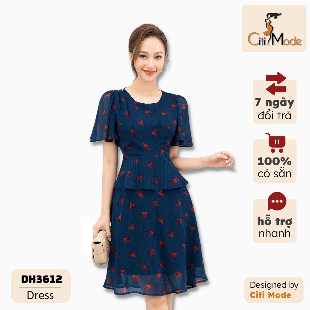 Đầm xòe peplum xanh than phối họa tiết CITI MODE cổ V tay bèo chất Voan cao cấp DH3612