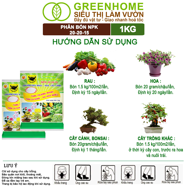 Phân Bón NPK 20-20-15, Greenhome, Đầu Trâu, 1Kg, Chuyên Hoa, Cây Cảnh Giúp Ra Hoa, Hoa Đẹp, Lâu Tàn