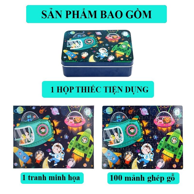 Tranh ghép 100 mảnh gỗ 2 mặt, Puzzle 100 mảnh hộp thiếc/ tranh xếp hình cho bé/ tranh ghép gỗ cho bé