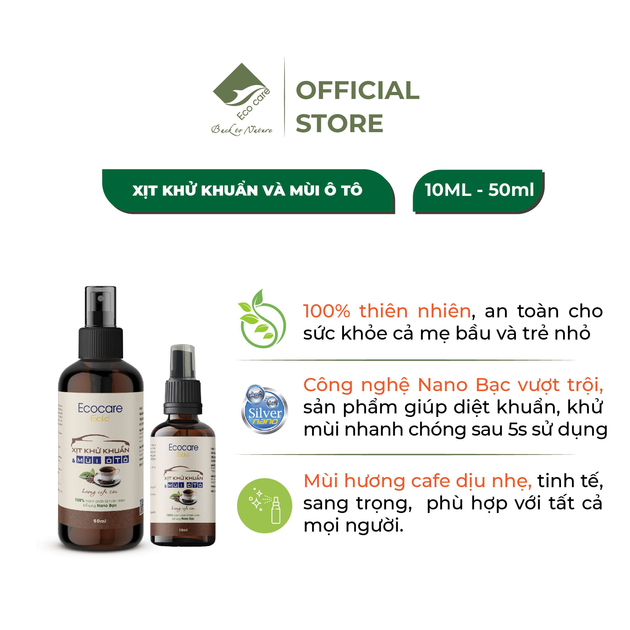 Xịt Khử Mùi Và Khử Khuẩn Ô Tô Ecocare 50ml Công Nghệ Nano Bạc Vượt Trội Xóa Bỏ Nỗi Lo Say Xe