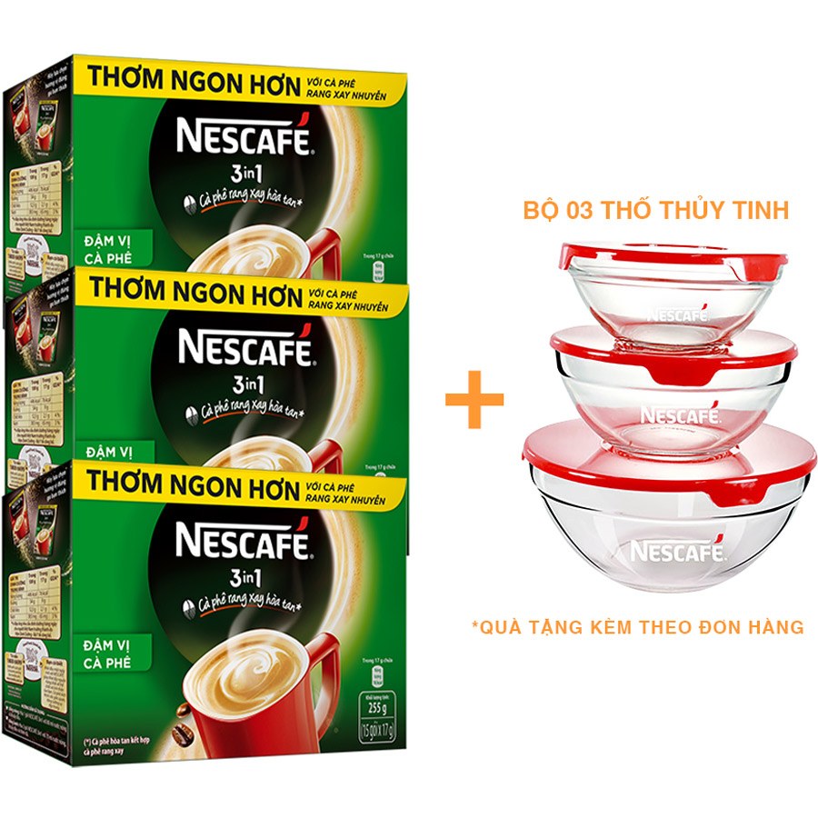 Combo 3 cà phê rang xay hòa tan Nescafé 3in1 đậm đà hài hòa (Hộp 15 gói x 17g) [Bộ 3 thố thuỷ tinh Nescafé]