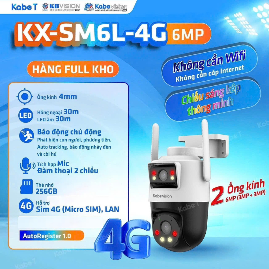 Camera KBVISION DÙNG SIM 4G KX-SM6L-4G, ống kính kép 3+3MP 2K, Âm thanh 2 chiều, cảnh báo chuyển động - Hàng chính hãng