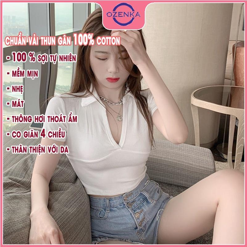 Áo croptop ôm cổ V polo nữ, áo thun ngắn cộc tay gợi cảm chất đẹp màu đen trắng freesize dưới 50 cân