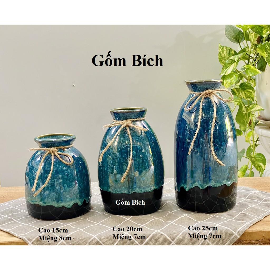 Set Bộ 3 Bình Hoa Dáng Nhỏ Men Xanh Hỏa Biến Gốm Sứ Bát Tràng - Gốm Bích