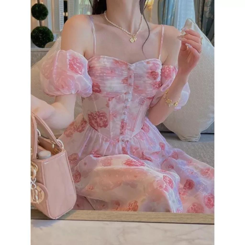 Đầm maxi công chúa dễ thương voan hồng đủ size SML