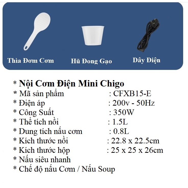 Nồi cơm điện  0.8L dùng cho 1-2 người ăn, Nồi đa năng nấu cơm, nấu cháo, hầm xương công suất 350w - CFXP15