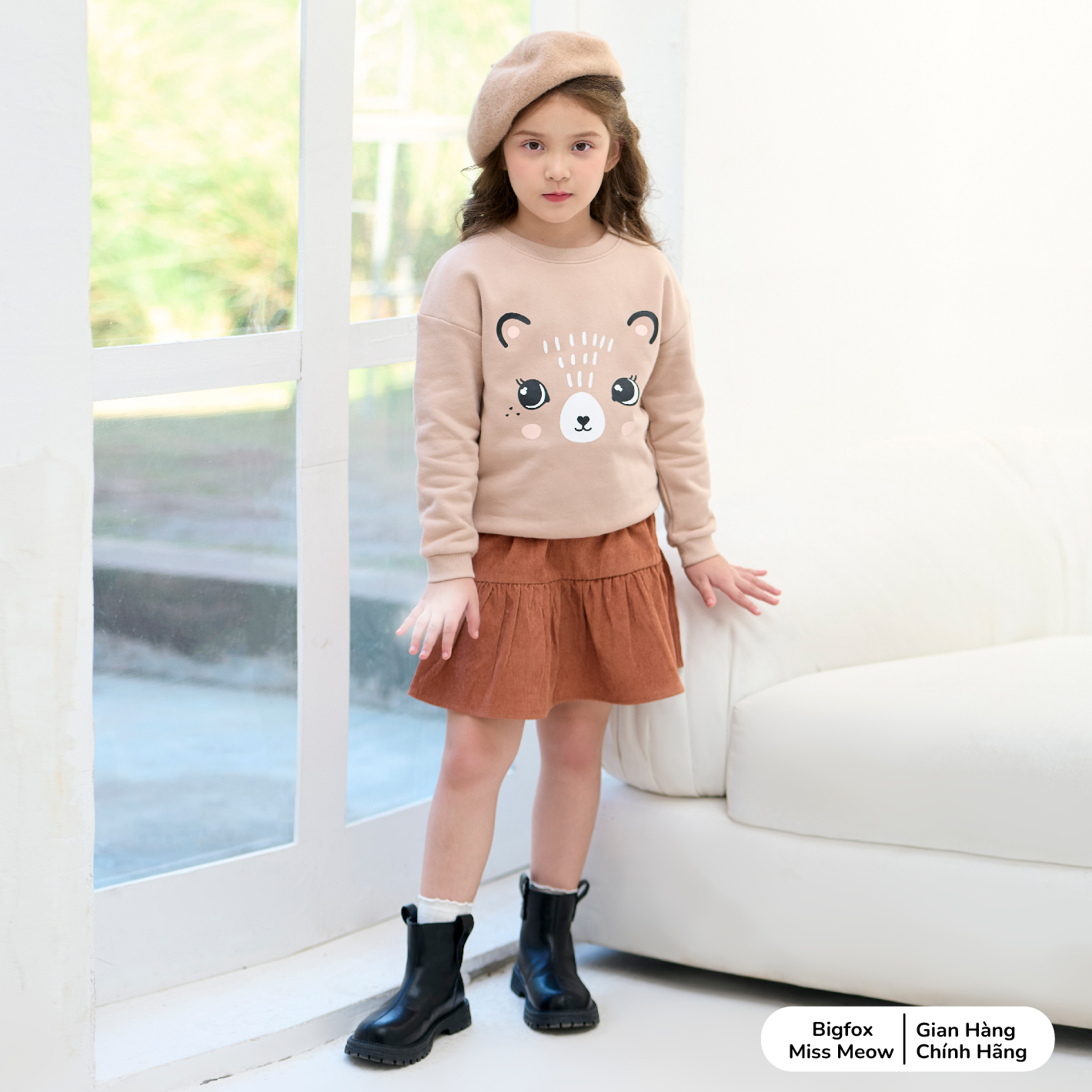 Chân váy bé gái Bigfox Miss Meow phong cách Hàn Quốc, chân váy nhung size đại mùa thu đông size trẻ em 3,4,5…11 tuổi