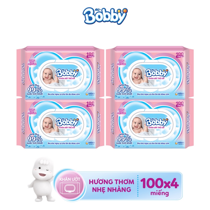 Combo 4 gói khăn ướt Bobby Care có hương 100 tờ